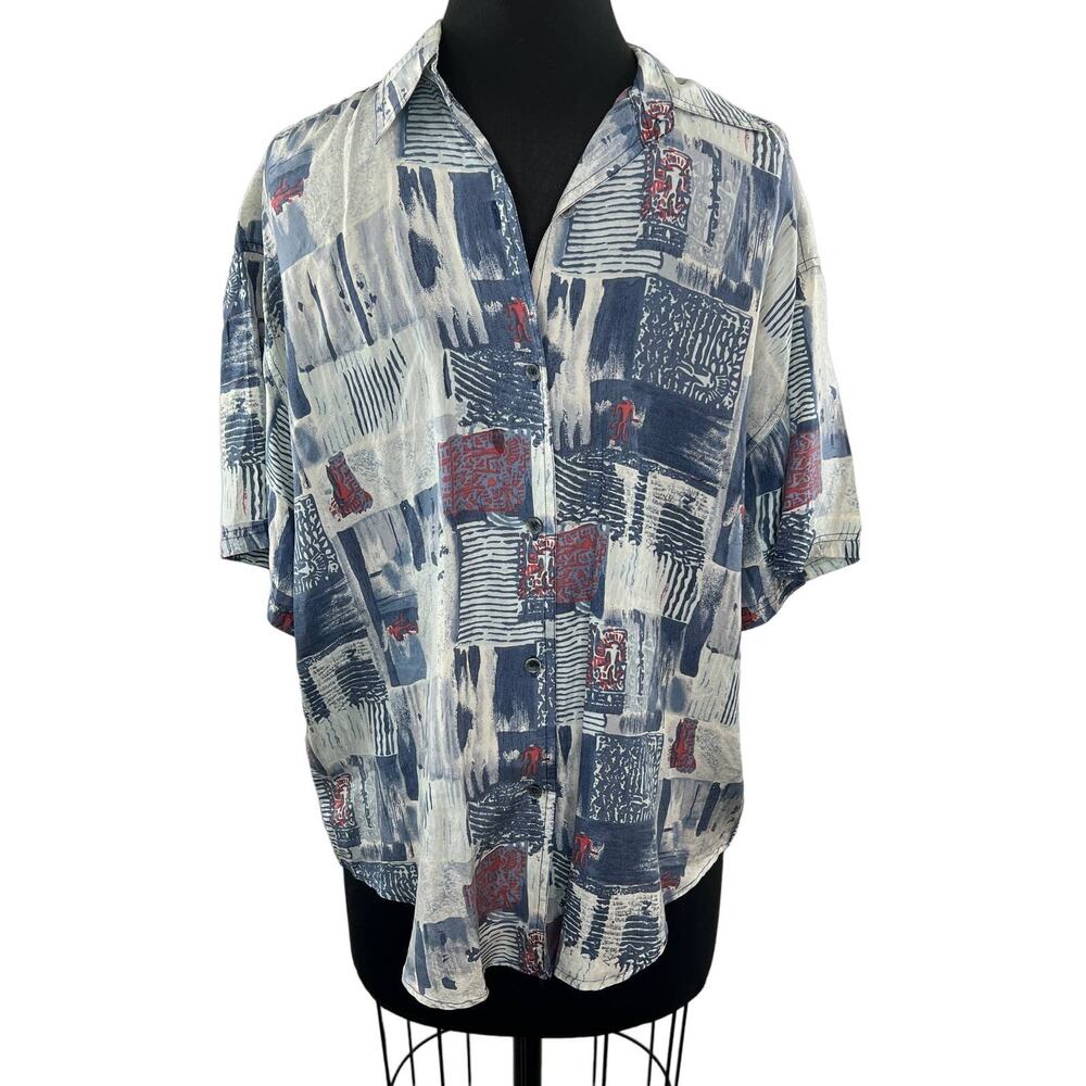 VTG Sophisticates Jonathan Martin Blue Patchwork Silk SS Button-Up Shirt Top M